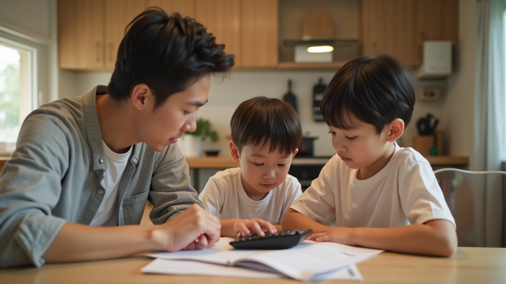 Parents and children discussing financial goals around a kitchen table with notebook and calculator