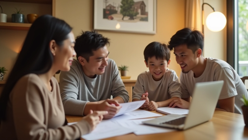 Family having a financial planning discussion at home with documents and laptop
