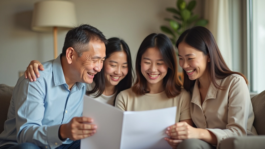 Multi-generational family members of different ages smiling while reviewing financial documents together in modern living room