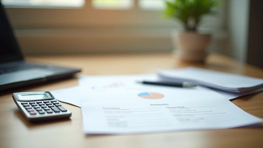 Modern financial planning workspace with documents and calculator on desk