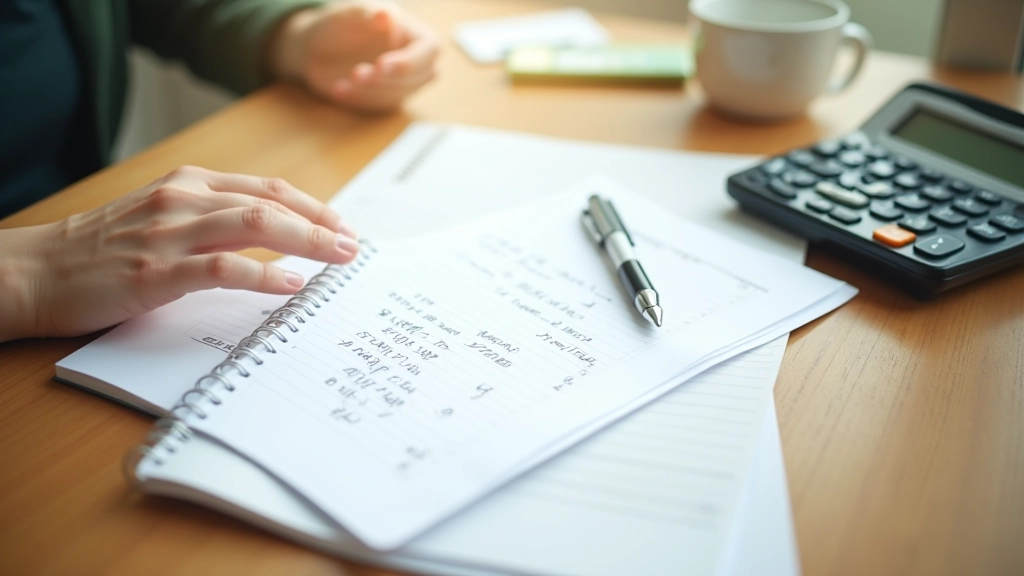 Financial planning notebook with calculator, pen, and spreadsheet showing monthly expense tracking