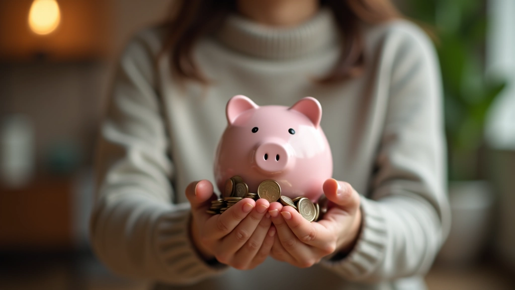 Person holding a clear piggy bank with coins visible inside