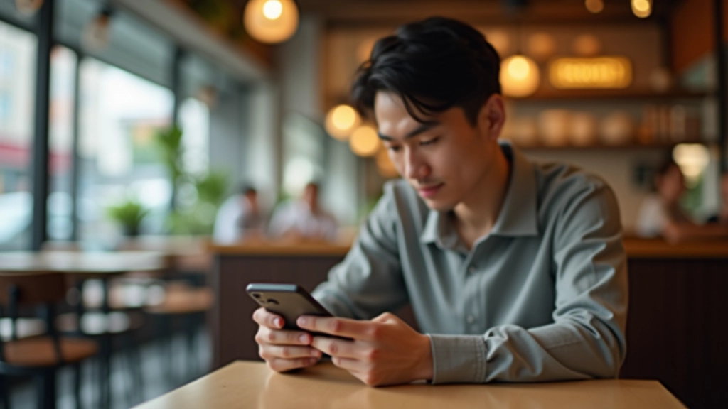 Person reviewing Octopus card transaction history on mobile phone screen, sitting at cafe table with coffee