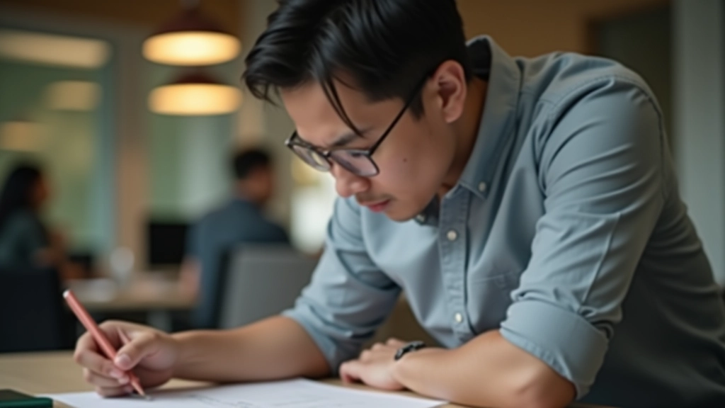 Person at desk reviewing financial documents, bills, and statements with concerned expression