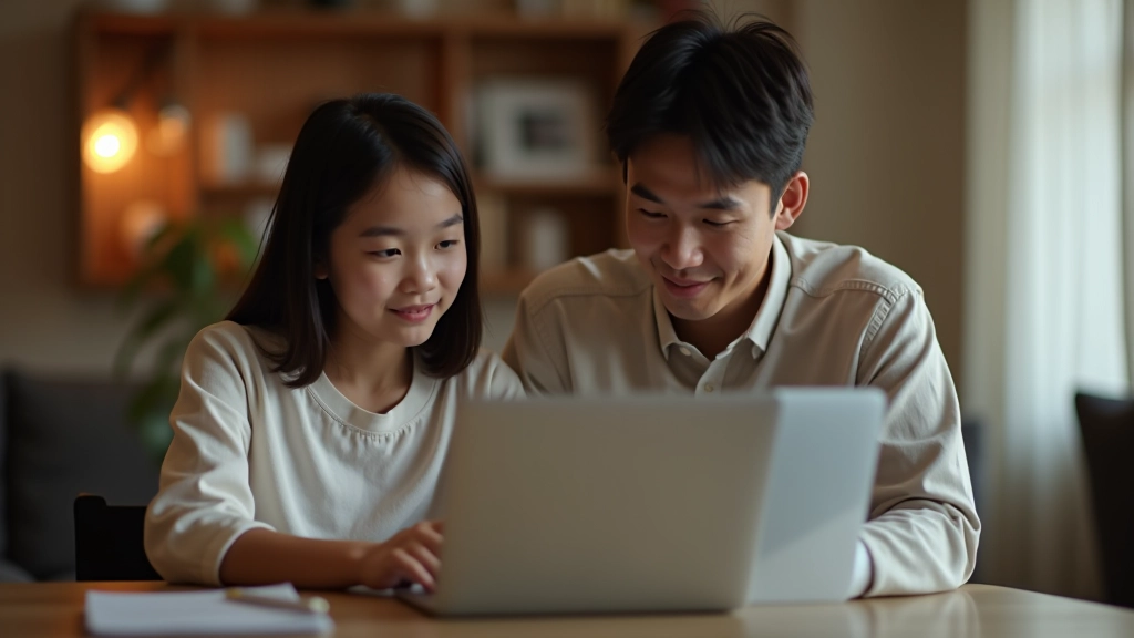 Teenage girl and parent working together on laptop reviewing savings goals and progress charts displayed on screen