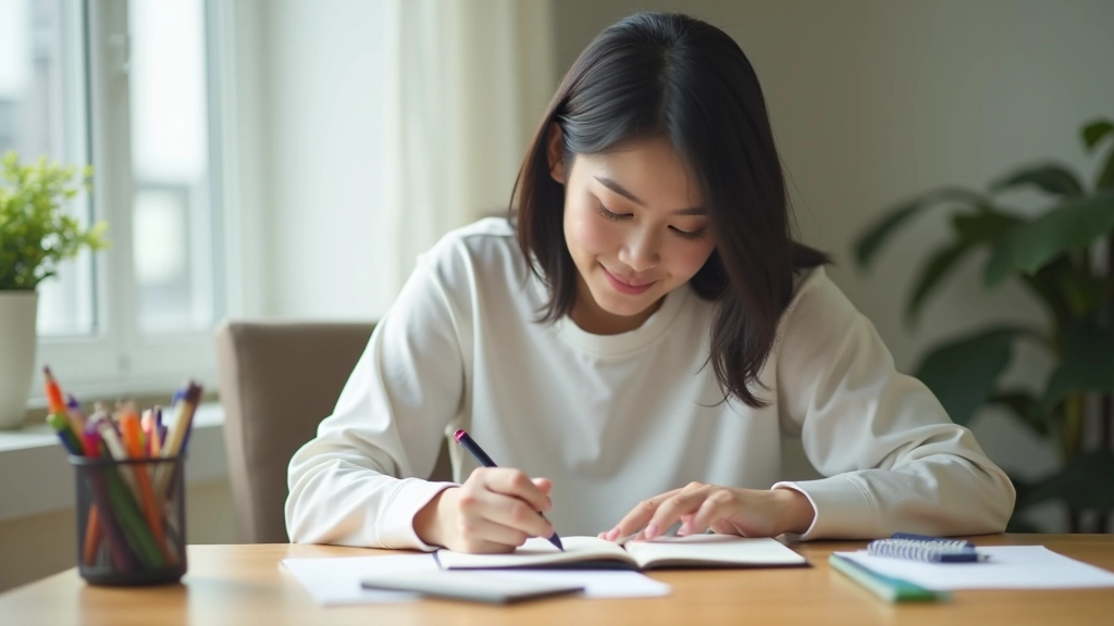 Woman writing in budget journal with different colored pens and sticky notes organized on wooden desk