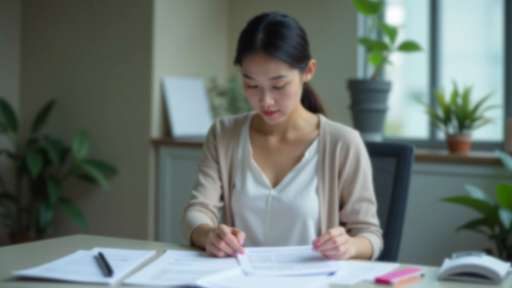 Woman reviewing financial documents at desk with notebook and pen