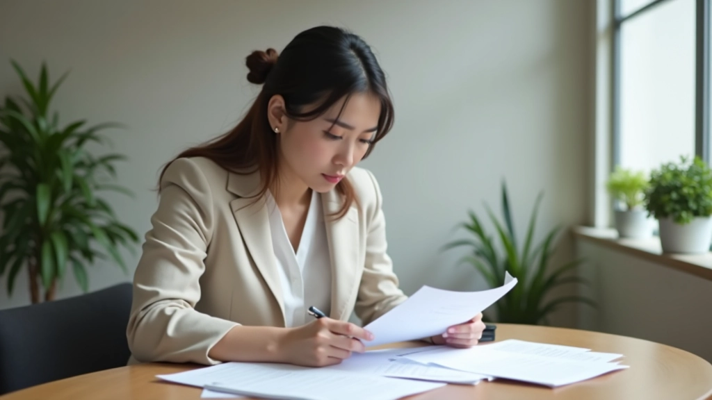 Woman reviewing financial documents and bank statements at home office desk